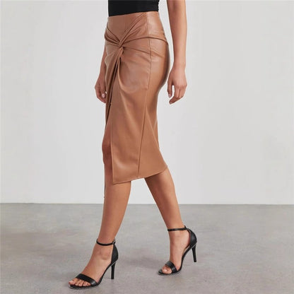 PU High Waist Split Midi Pencil Skirt