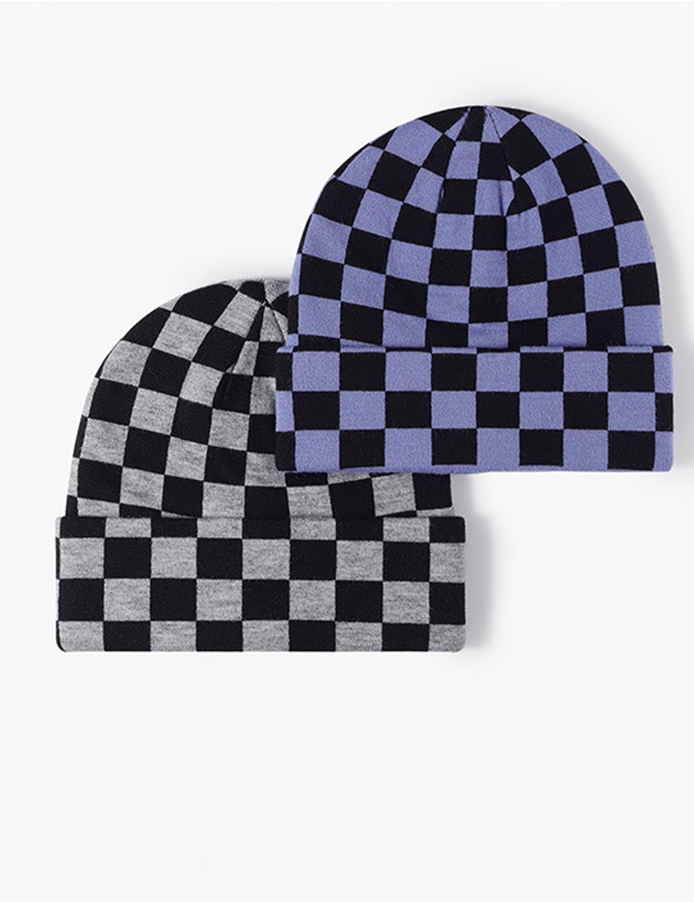 Color Contrast Checkered Knit Beanie Warm Hat