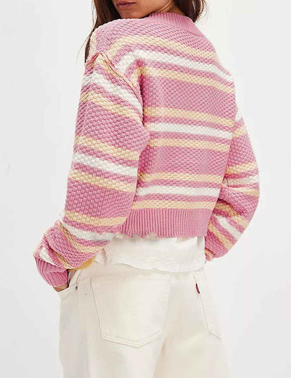 Casual Striped Color Block Crew Neck Knit Top