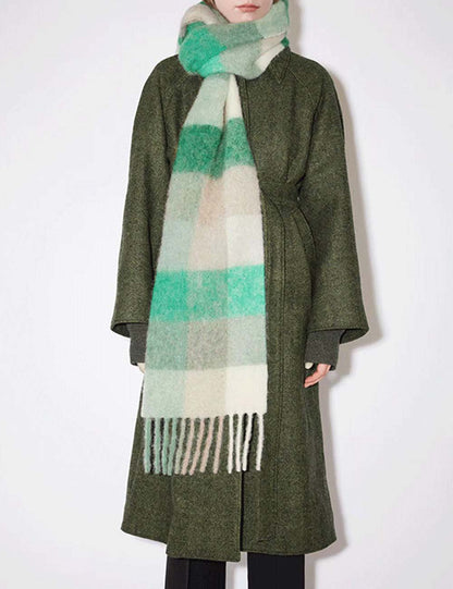 Cozy Color Block Plaid Fringed Knit Scarf