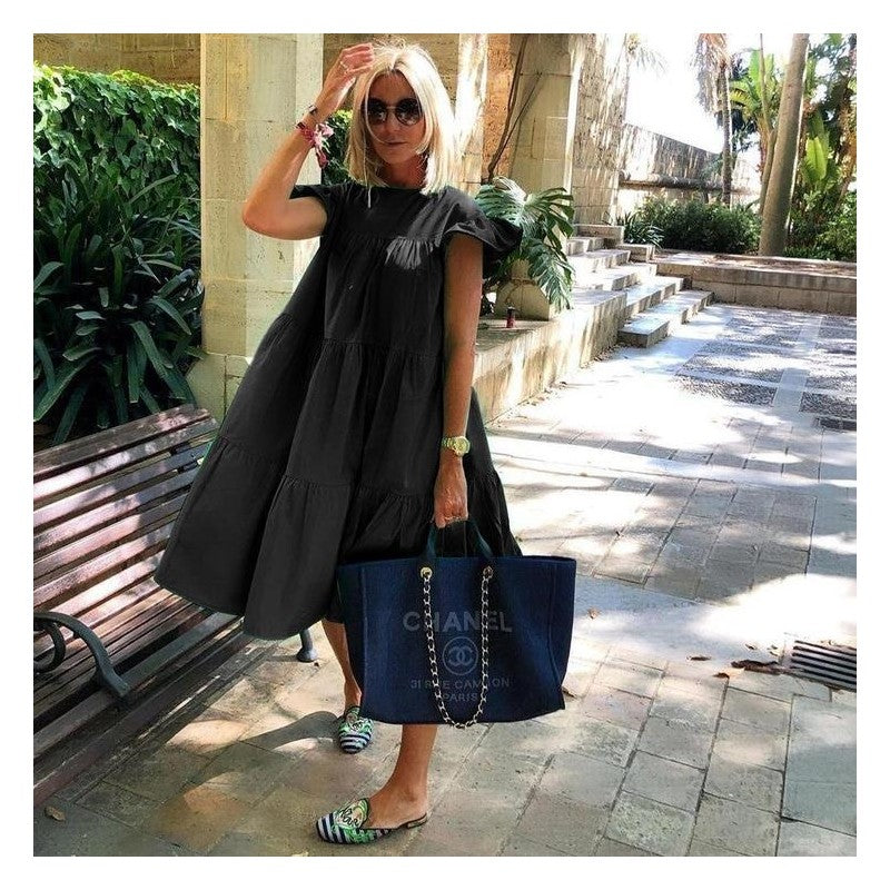 Solid Color Loose Pleated Short Sleeve Dress