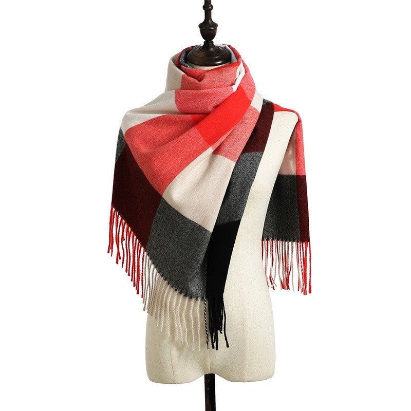 Striped Plaid Print Shawl Tasseled Scarf
