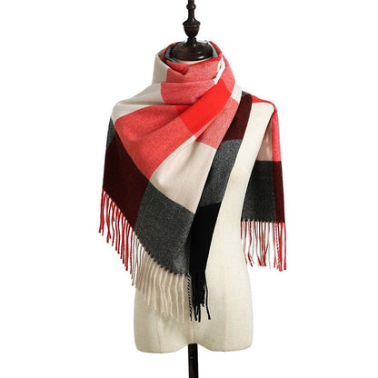 Striped Plaid Print Shawl Tasseled Scarf