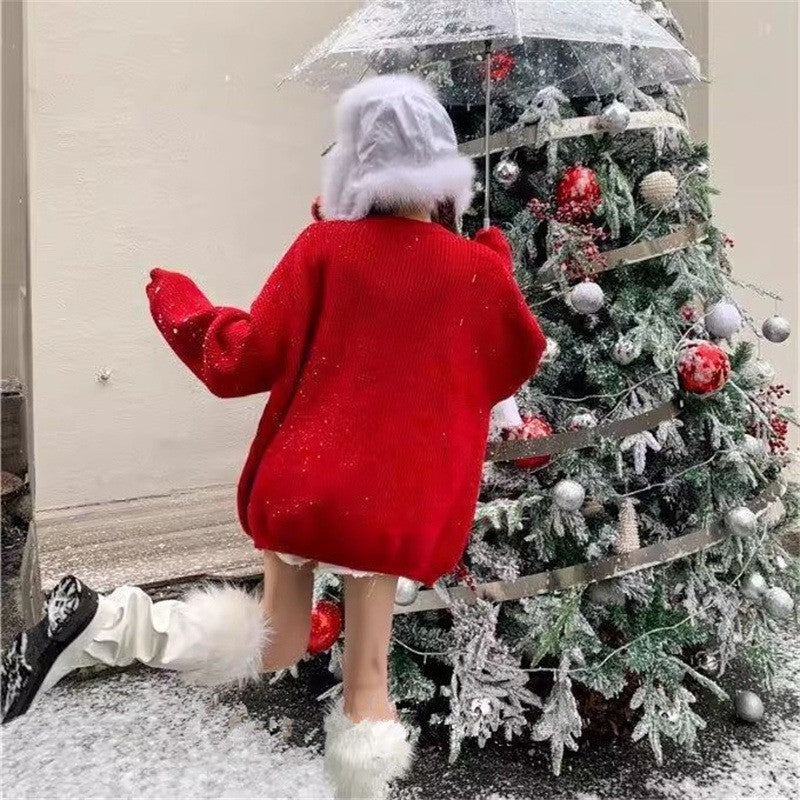 Christmas Red Knit Sweater Socks Snowman Doll