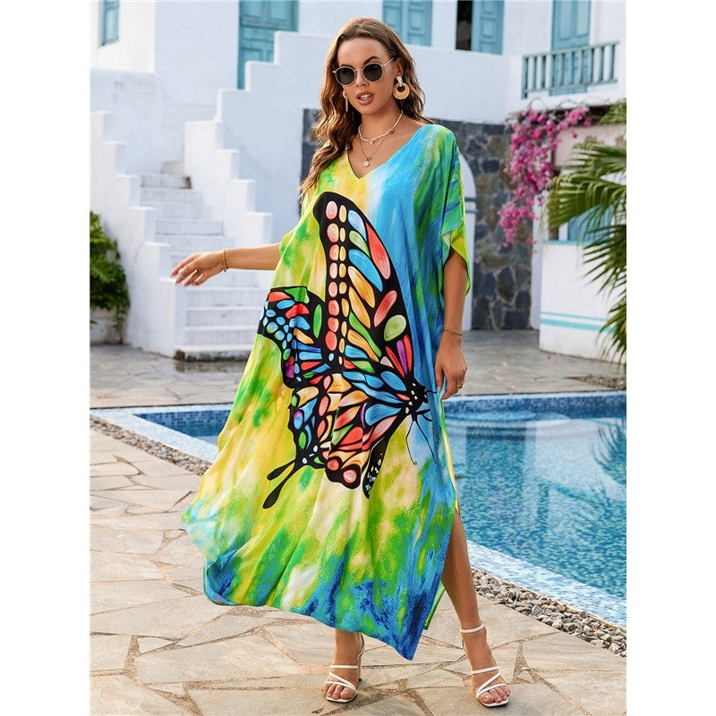 Contrast Color Butterfly Printing V-Neck Short Sleeve Long Beach Dress Bikini Cover-Up