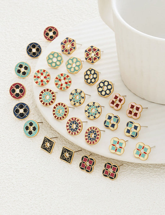 Vintage Geometric Floral Stud Earrings