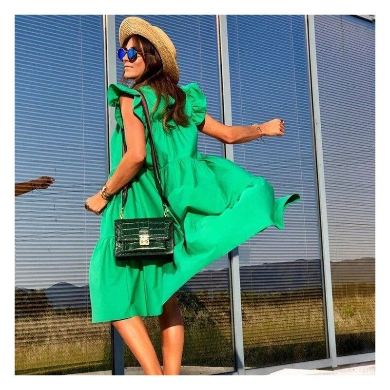 Solid Color Loose Pleated Short Sleeve Dress