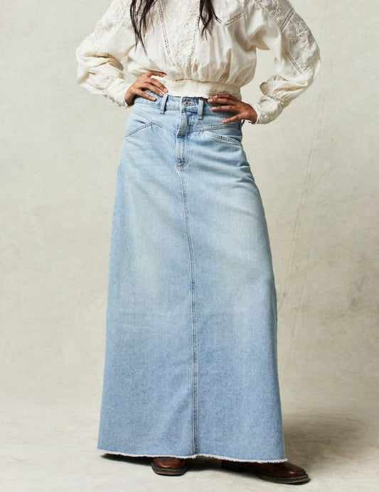 Washed Raw Hem Casual Denim Maxi Skirts