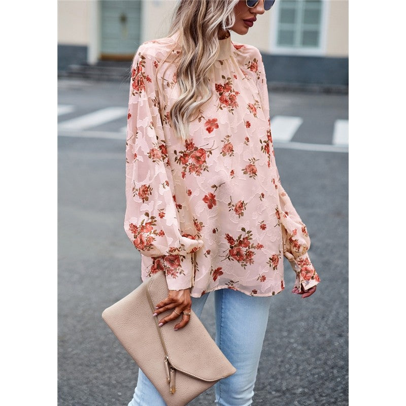 Long Sleeves Half Turtleneck Bandage Floral Printed Blouse