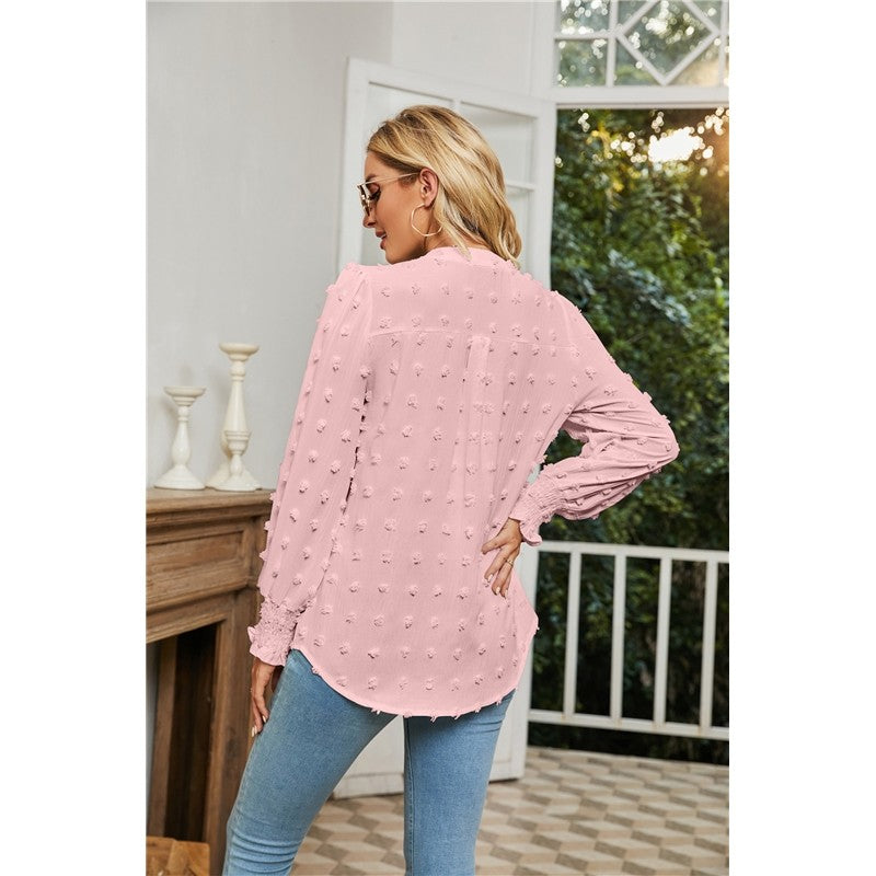 Solid Color V-Neck Long Sleeves Dots Blouse Top