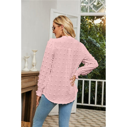 Solid Color V-Neck Long Sleeves Dots Blouse Top