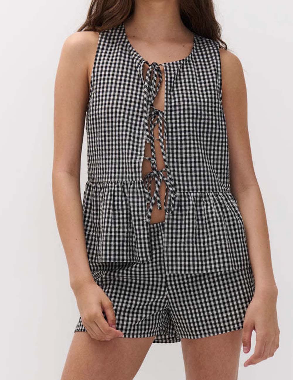 Casual Plaid Tie-Front Top and Shorts Set