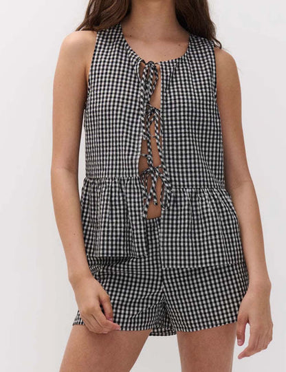 Casual Plaid Tie-Front Top and Shorts Set