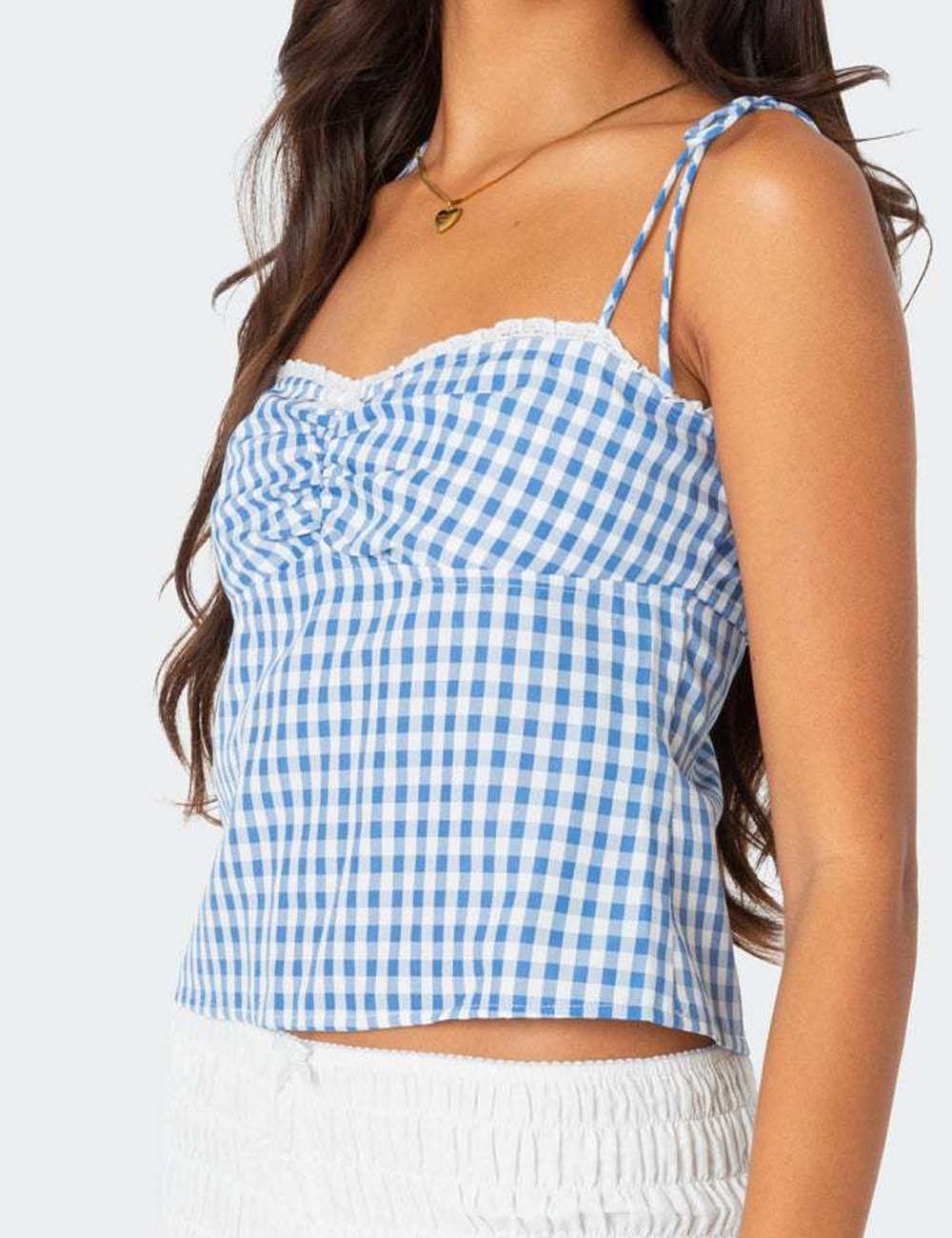 Sweet Plaid Lace Trim Spaghetti Strap Top