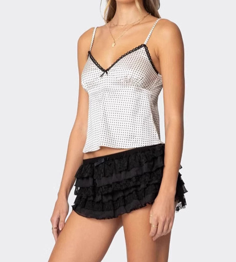 Sexy V-Neck Satin Lace Trim Spaghetti Strap Top