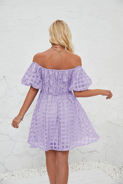 Off Shoulder Puff Sleeves Pleated Mini Dress