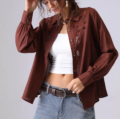 Hollow Embroidered Lapel Button Down Shirt
