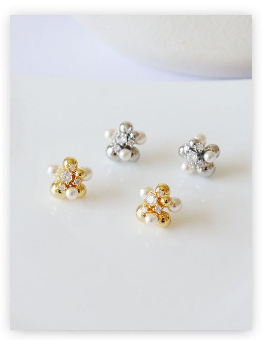 Flower Cubic Zirconia Pearl Stud Earrings