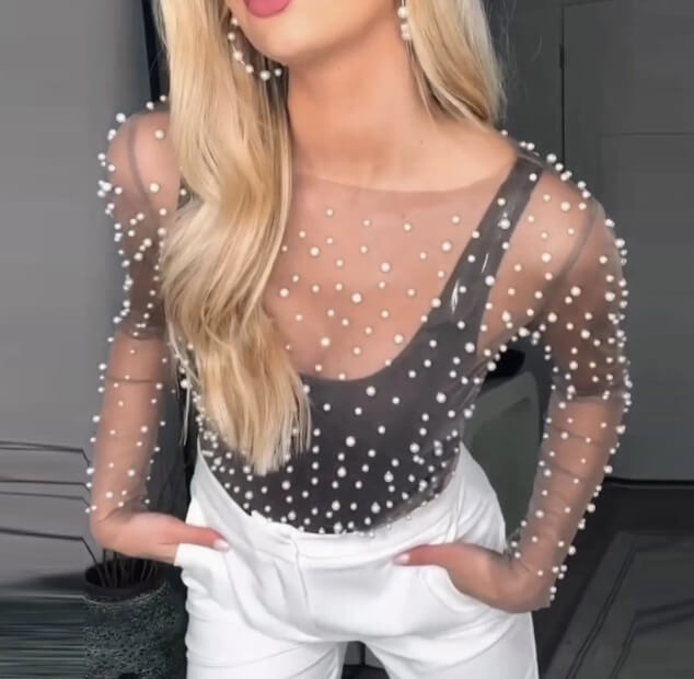 Pearl Rhinestone See Through Mesh Blouse