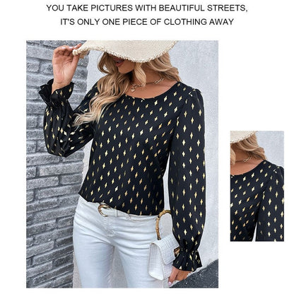 Long Sleeves Crewneck Printing Elegant Blouse Top