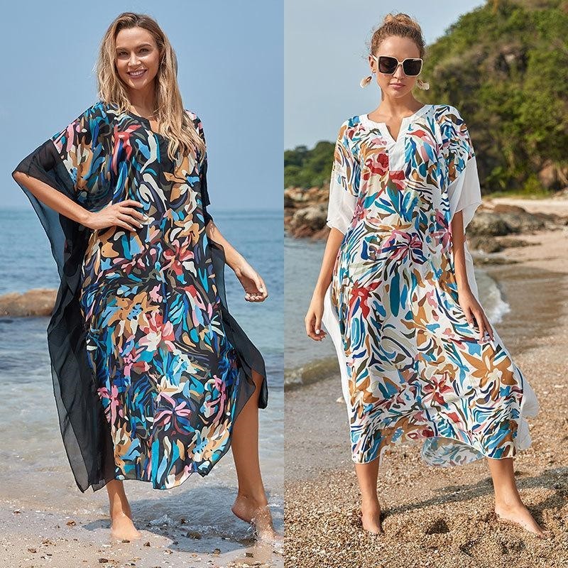 Contrast Color Patchwork Printing V-Neck Half Sleeve Casual Loose Long Beach Dress Bikini Cover-Up
