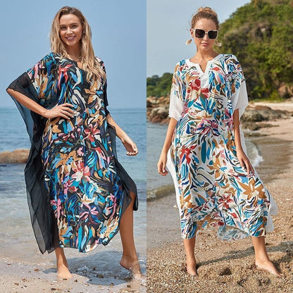 Contrast Color Patchwork Printing V-Neck Half Sleeve Casual Loose Long Beach Dress Bikini Cover-Up