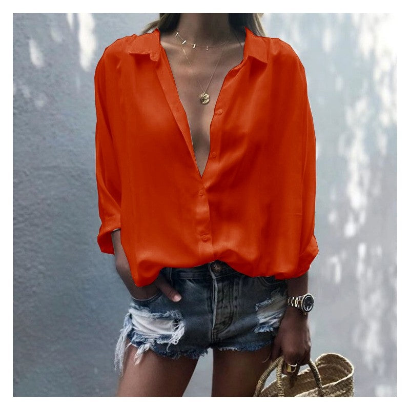 Ladies Deep V Neck Button Chiffon Shirt