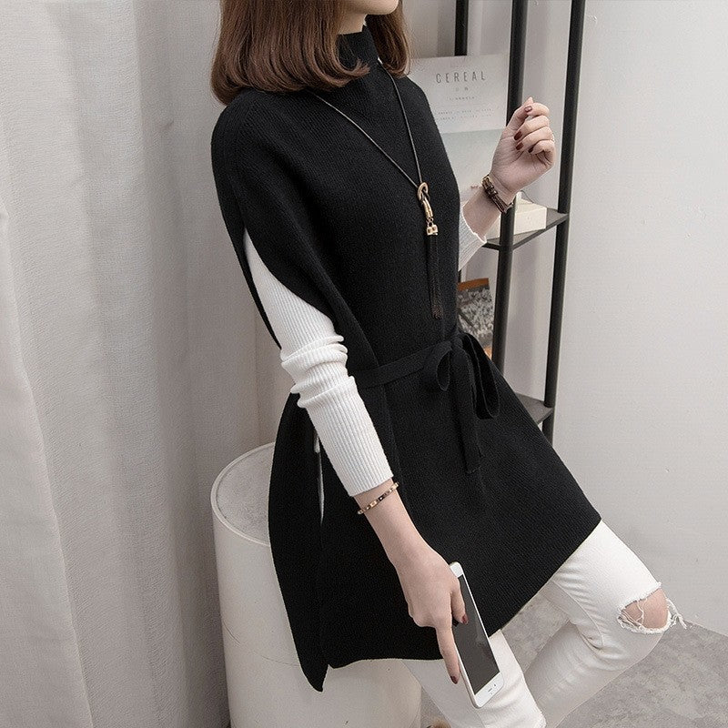 Half Turtleneck Solid Color Sleeveless Bandage Casual Loose Knitted Vest