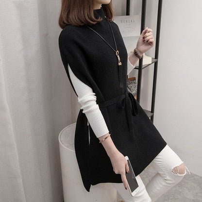 Half Turtleneck Solid Color Sleeveless Bandage Casual Loose Knitted Vest