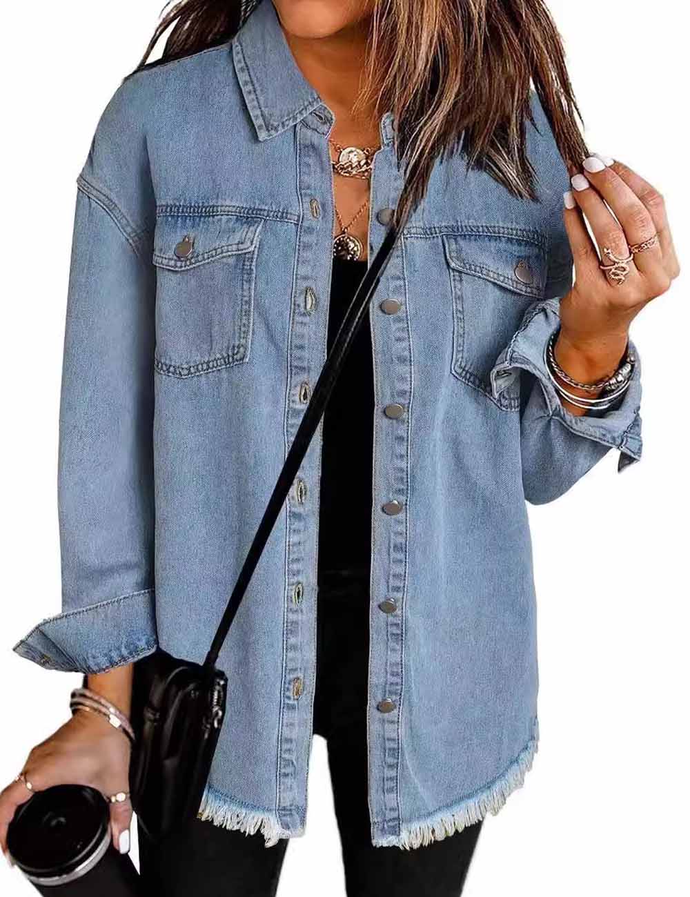 Trendy Washed Long Sleeve Frayed Hem Jacket