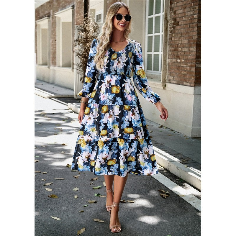 V Neck Print Nine Quarter Sleeve Dress