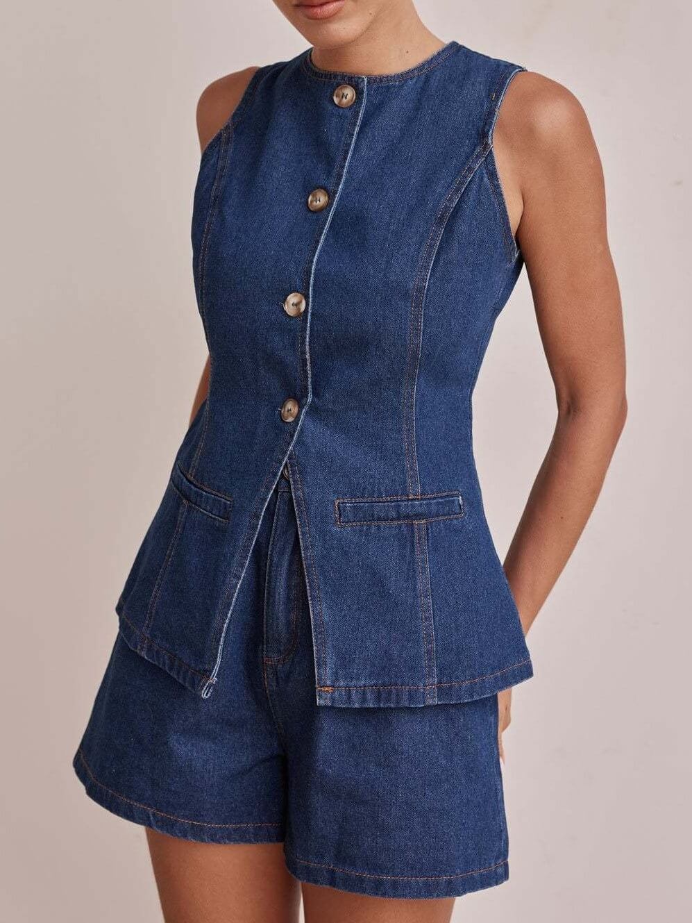 Sleeveless Button Vest Short Denim Set