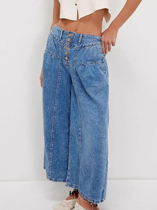 Buttons Midi Rise Wide Leg Jeans