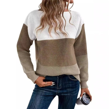 Knitted Sweater Color Block Round Neck Long Sleeve