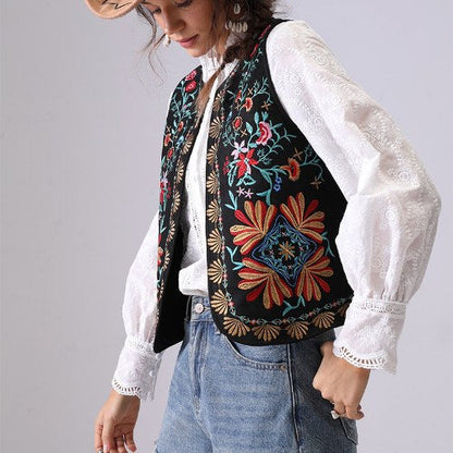 Boho Floral Embroidered Open Front Vest