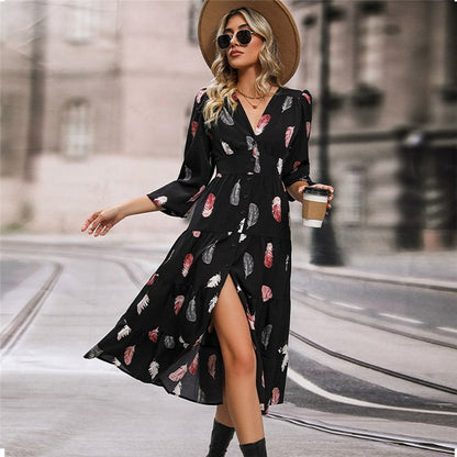 Women's V-Neck Balloon Sleeve Dress