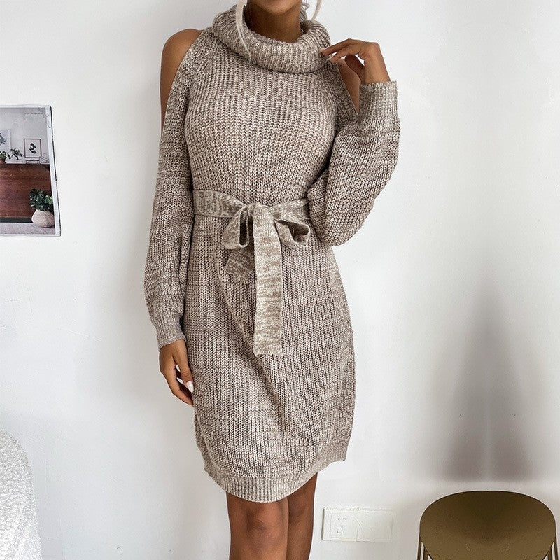 Solid Color Lace-Up Cutout Off-Shoulder Turtleneck Sweater Dress