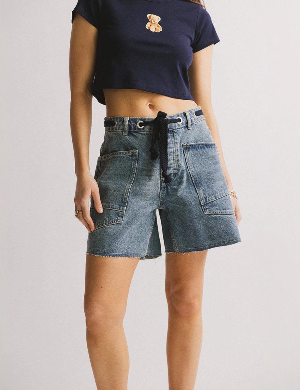 Washed Drawstring Pockets Denim Shorts