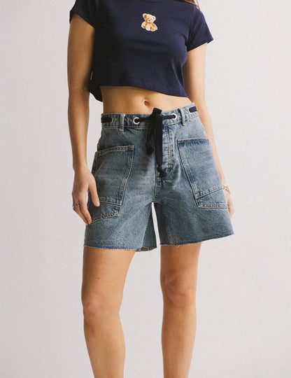Washed Drawstring Pockets Denim Shorts