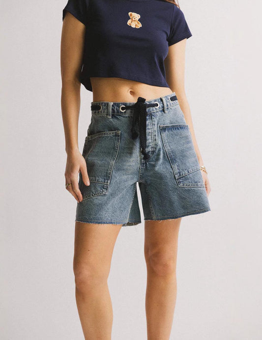 Washed Drawstring Pockets Denim Shorts