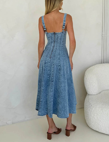 Distressed Sleeveless Strap Drnim Dress