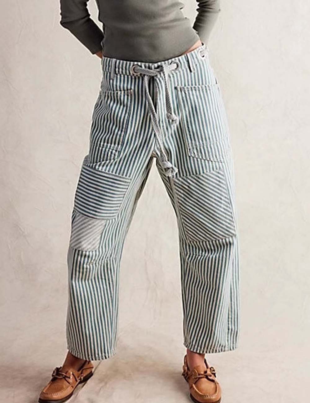 Casual Splice Striped Drawstring Wide Leg Pants