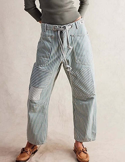 Casual Splice Striped Drawstring Wide Leg Pants