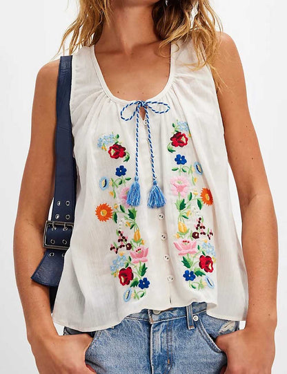 Embroidered Flower U-Neck Sleeveless Top