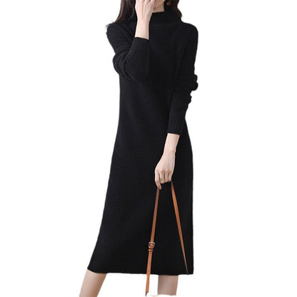 Elegant Ribbed Knit Semi High Neck Solid Long Dress