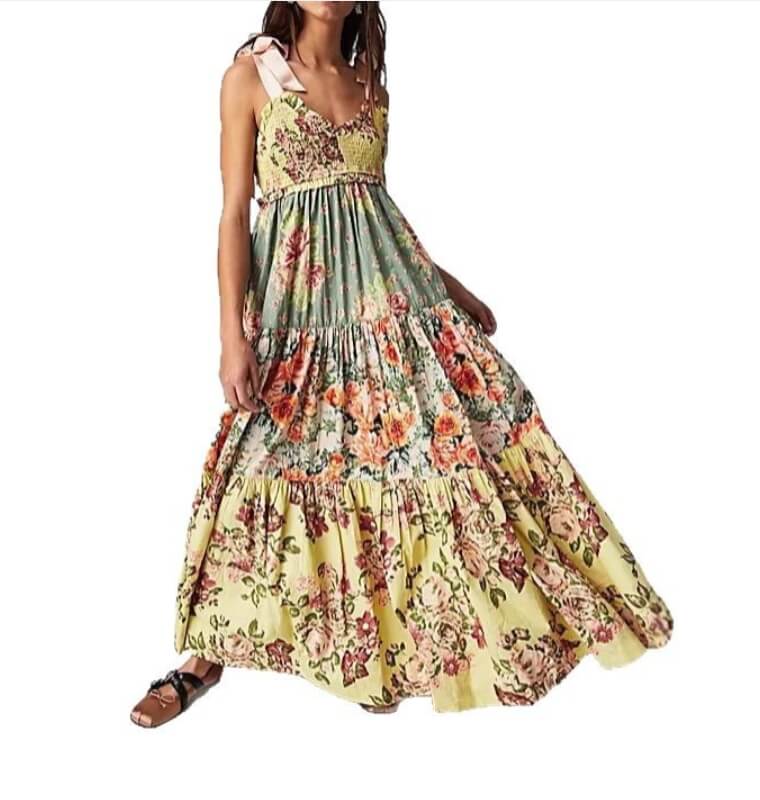 Trendy Color Block Printed Strape Maxi Dress