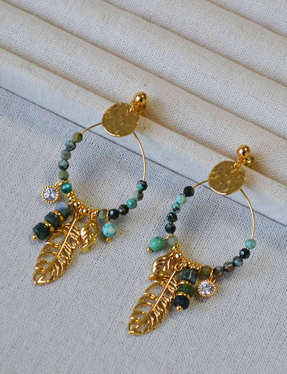 Turquoise Hoop Tassel Leaf Drop Stud Earrings