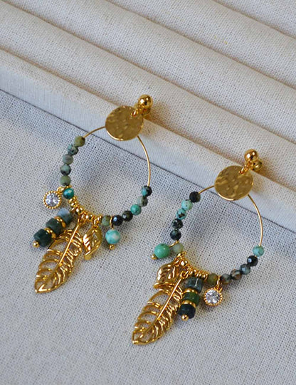 Turquoise Hoop Tassel Leaf Drop Stud Earrings