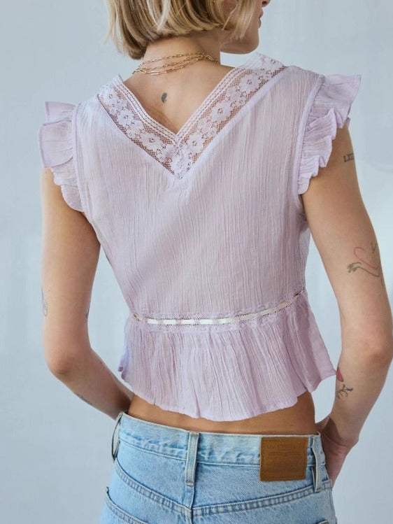 Simple V-Neck Lace Tie Waist Top
