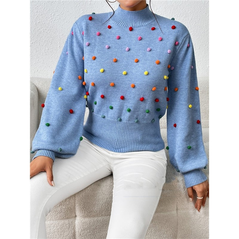 Long Sleeve Crewneck Colorful Balls Embellished Casual Knitted Sweater